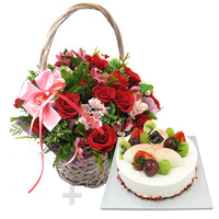 Sweet Romance Flower Basket and Cake - Red & Pink