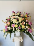 Sympathy Arrangement of White, Yellow, and Purple Roses