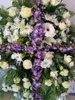 Sympathy Sentiment Cross Spray -  White & Purple flowers