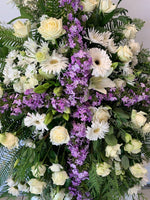 Sympathy Sentiment Cross Spray -  White & Purple flowers