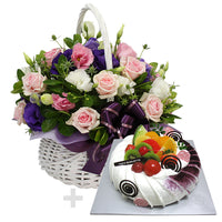 Sweet Romance Flower Basket and Cake - Purple & Pink